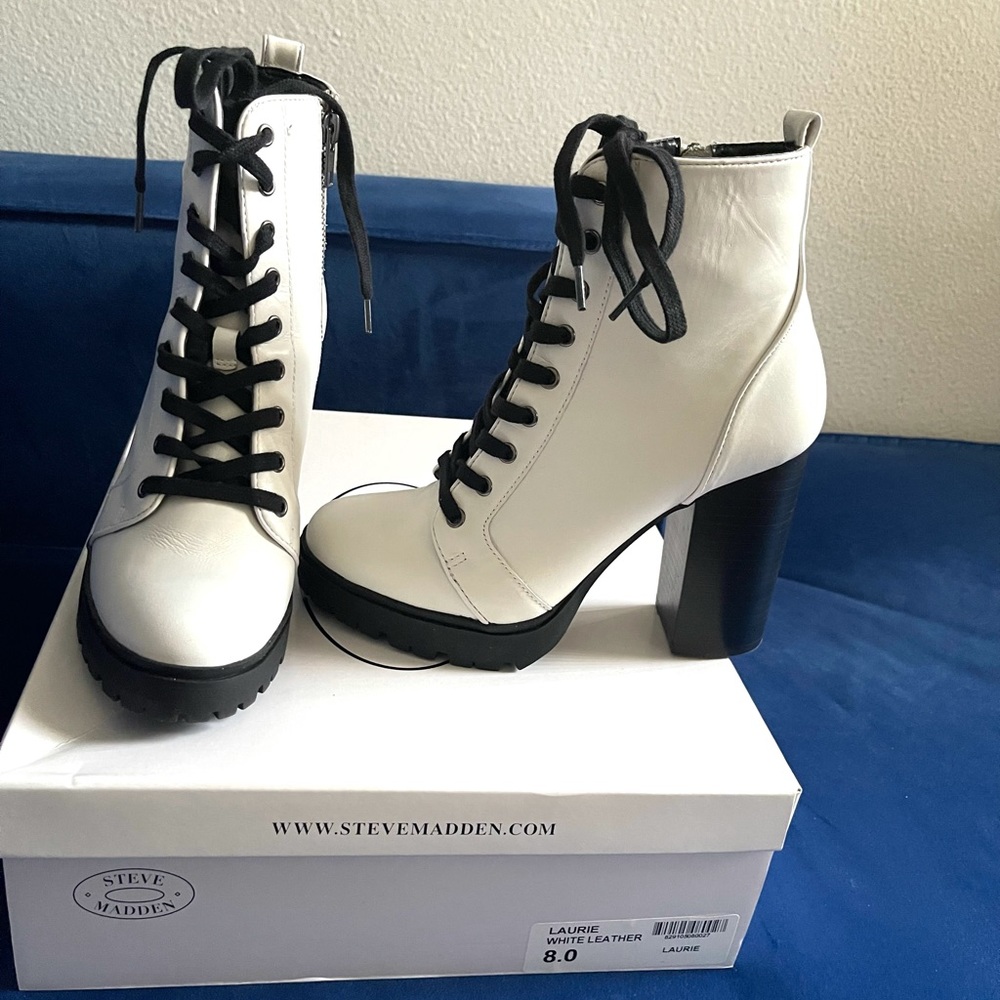 Steve Madden White Leather Block Heel Bootie